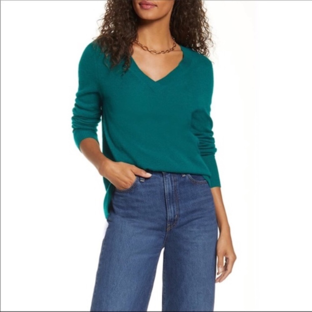 Halogen V-Neck Cashmere Sweater Green S